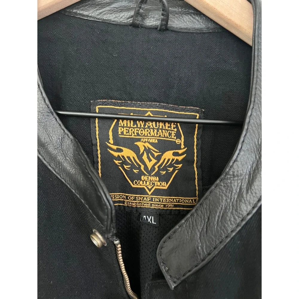 Milwaukee Performance Mens Black Denim Club Style‎ Leather Trim Biker Vest 4XL